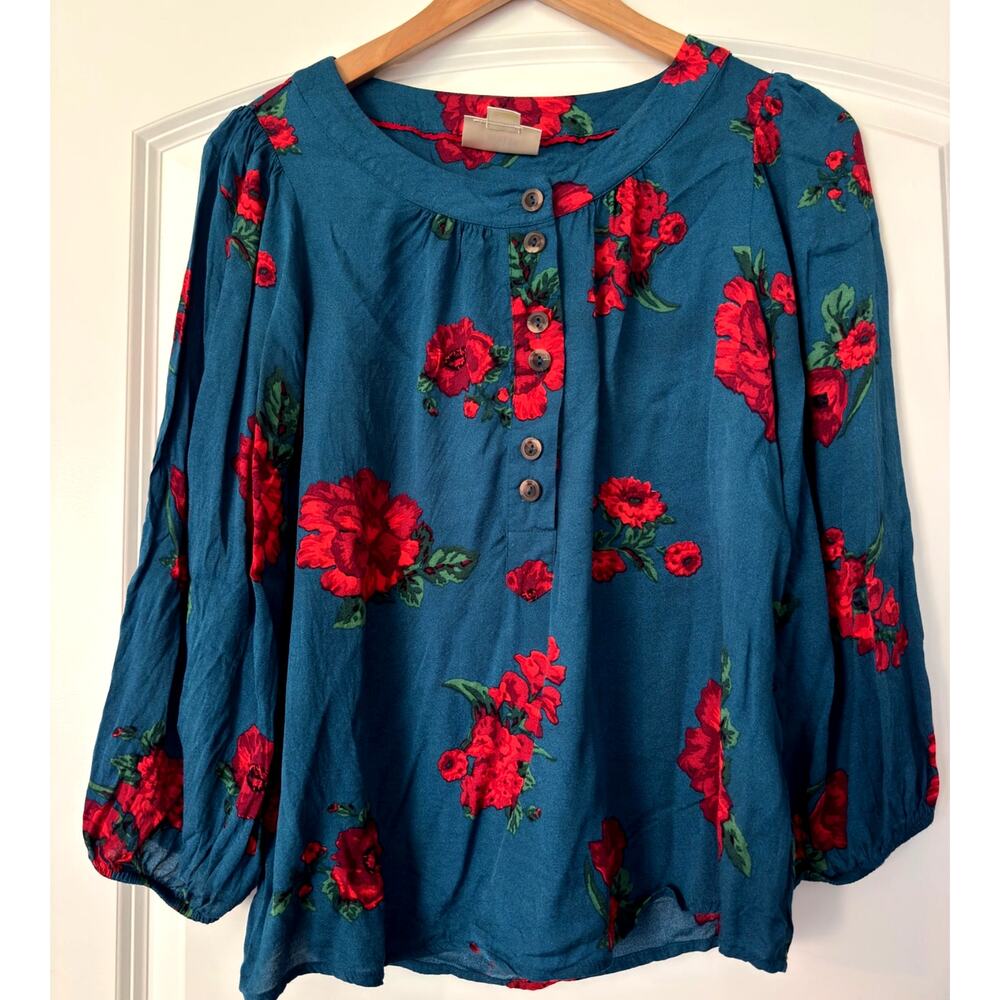 Anthropologie Maeve Kalas Floral Henley Blouse Teal Red Balloon Sleeve Medium